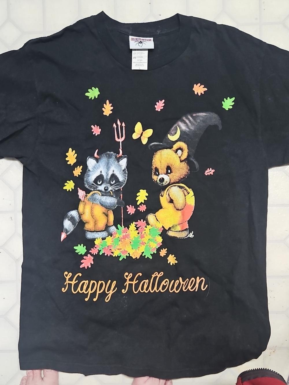 Womens Vintage  Black 'Happy Halloween' Costume Tee with Raccoon & Bear Graphic